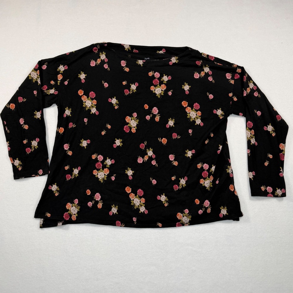 J. Jill Luxe Supima Boat Neck Floral Tee Black Pink Large Petite LP Long Sleeve